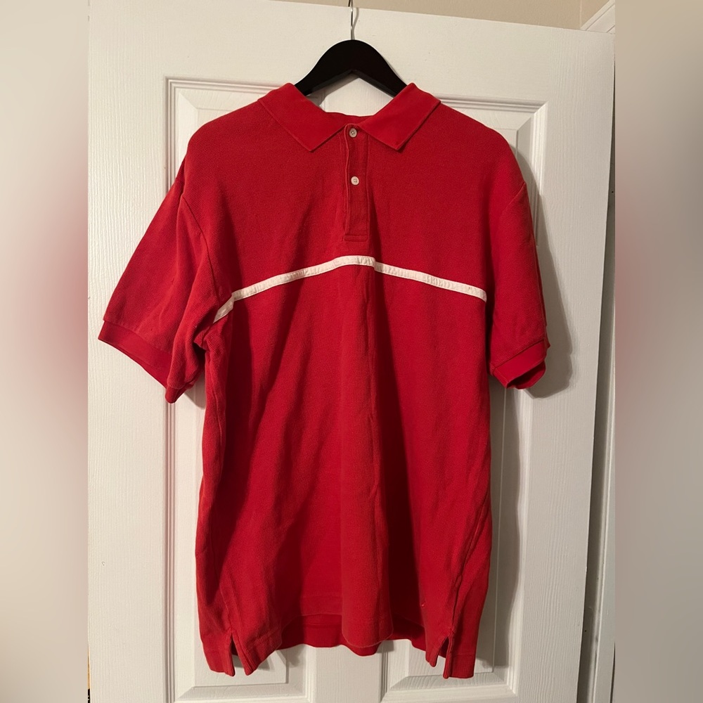🐠Nautica Men’s Coral with White Stripe Polo Shirt. Size Large.